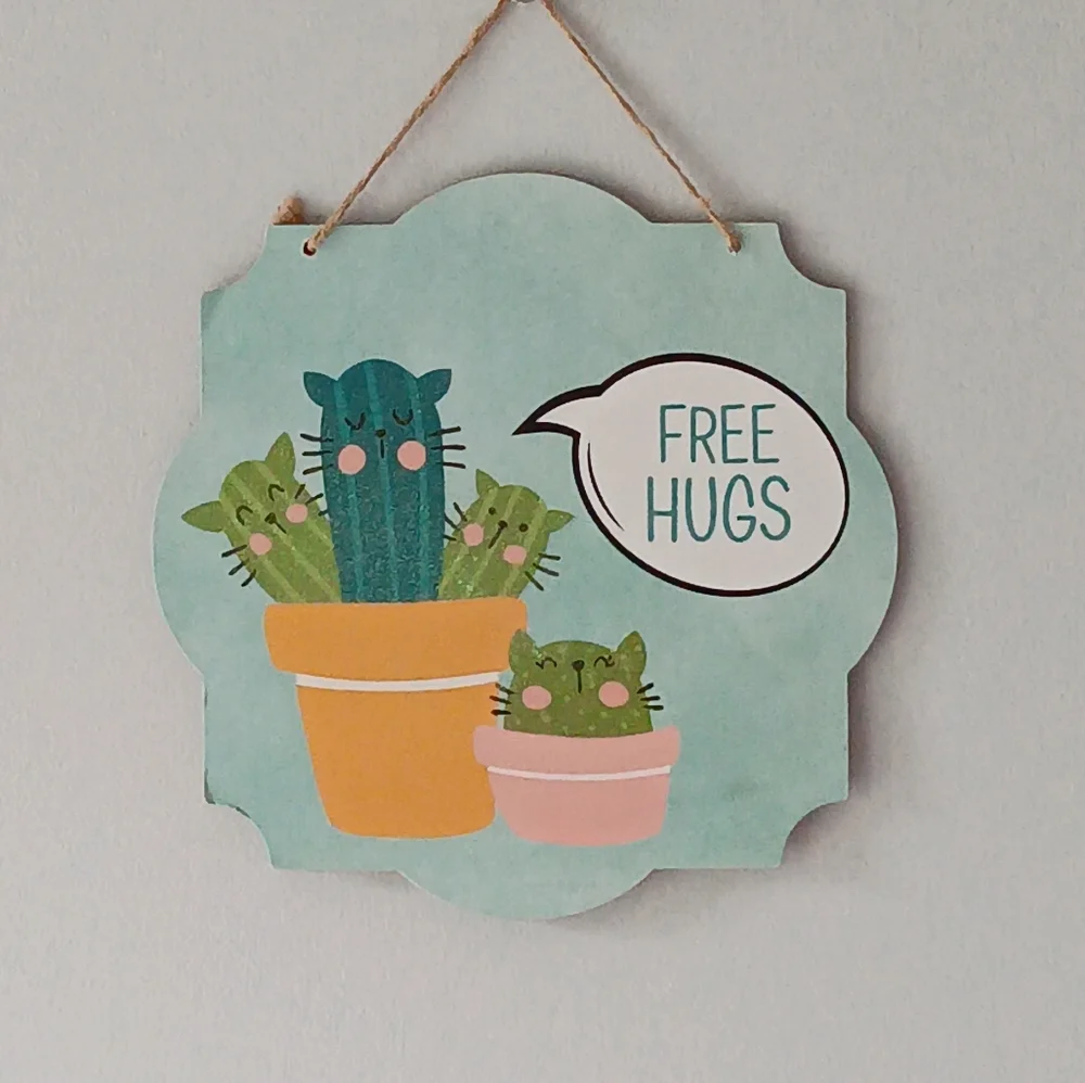New Greenbriar Free Hugs Cat Cactus Wall Decor Glitter Blue Green Pink Square
